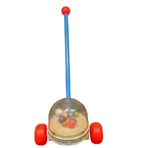 Fisher Price Corn Popper Vintage 1964 Wood Blue Handle Red Wheels Push Ball